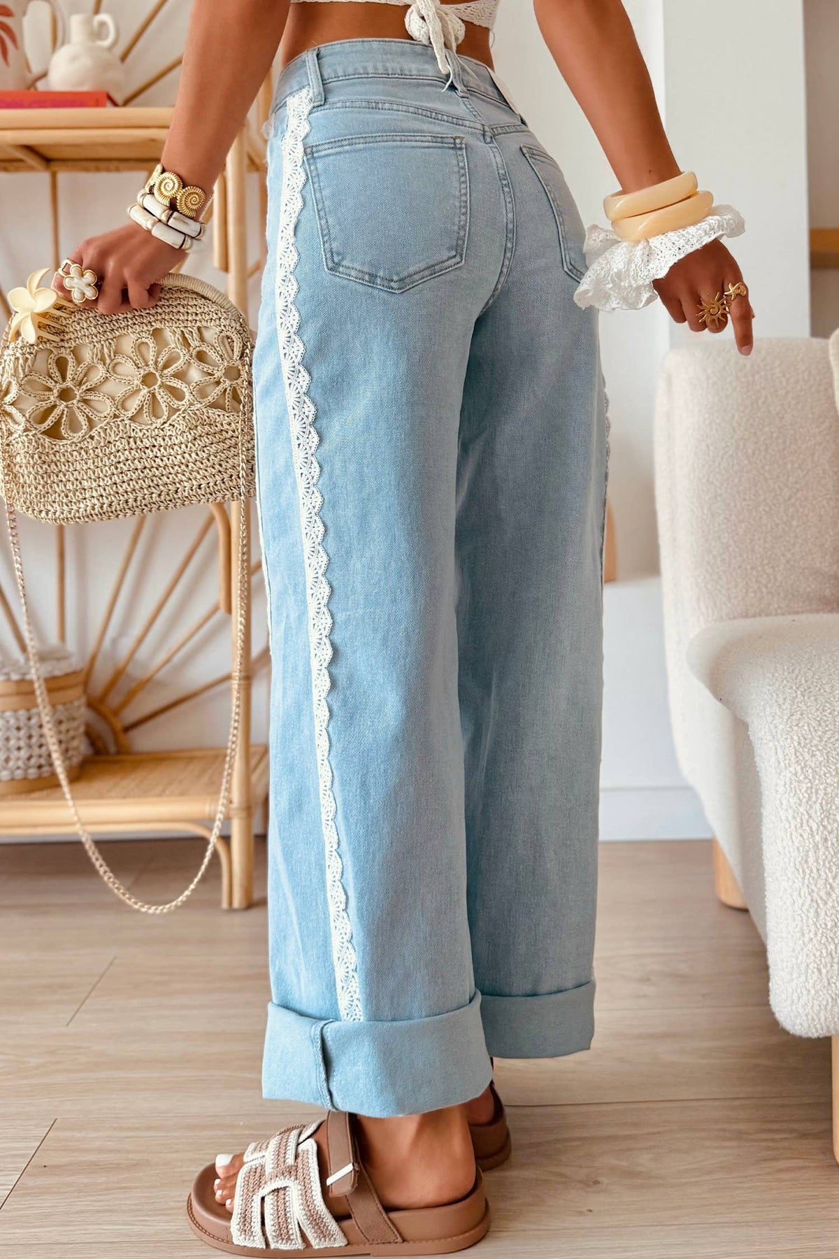 Beau Blue Lace Patchwork Wide-Leg Jeans