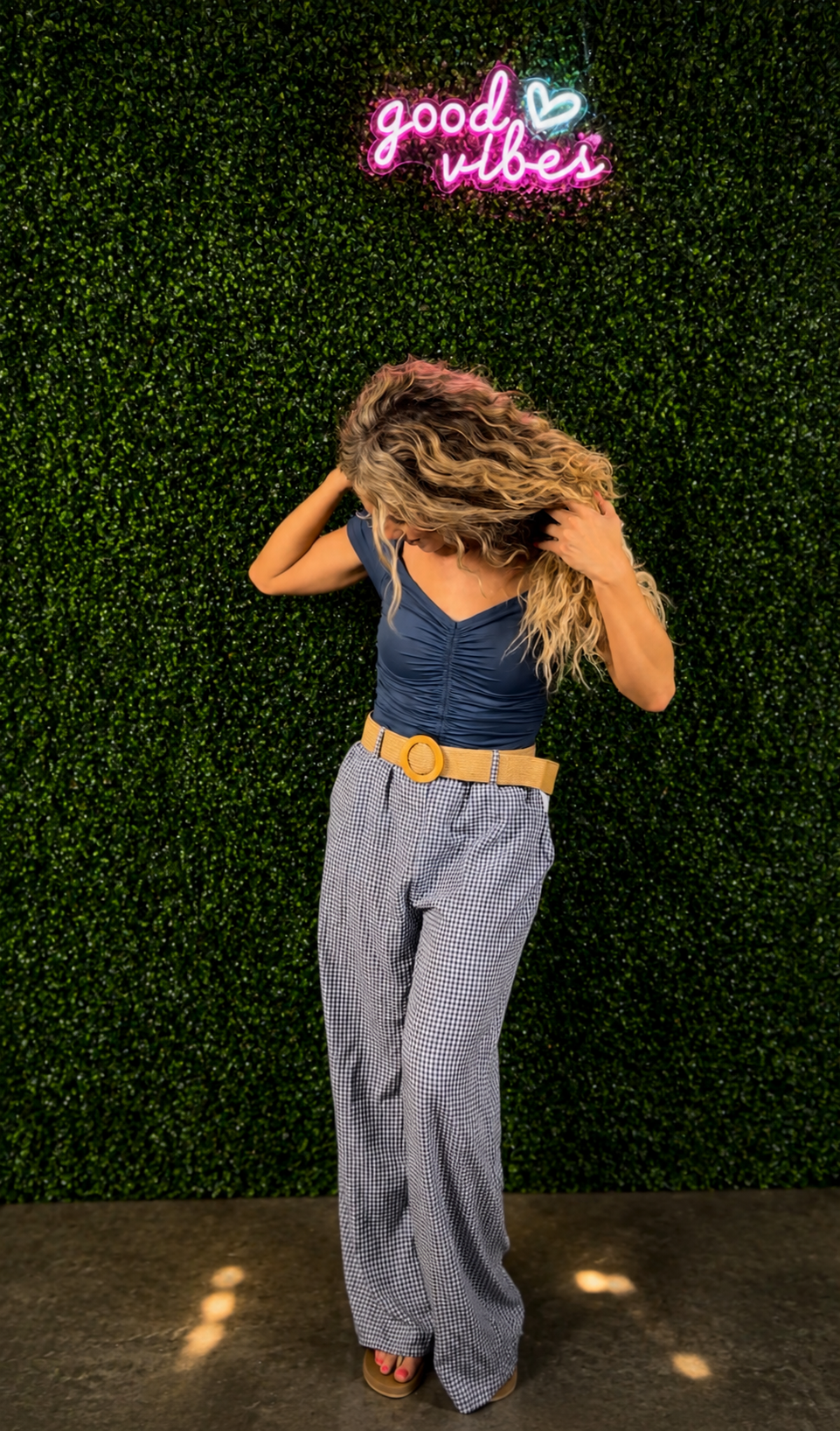 Gingham Pants with Raffia Belt, Elastic Waistband