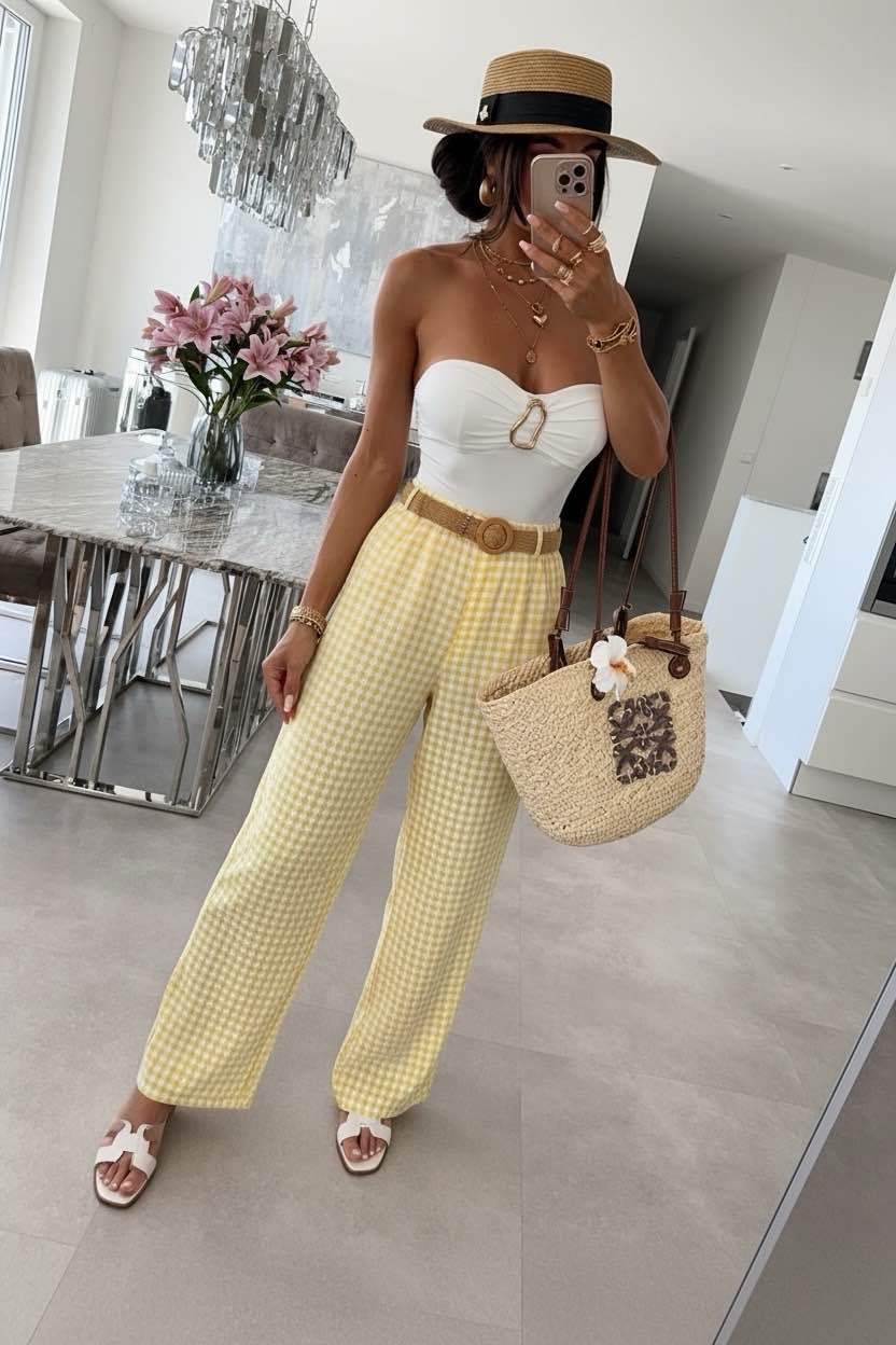 Gingham Pants with Raffia Belt, Elastic Waistband