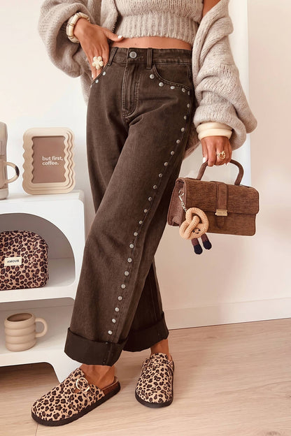 Espresso Edge Studded Wide-Leg Jeans