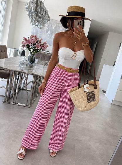 Gingham Pants with Raffia Belt, Elastic Waistband