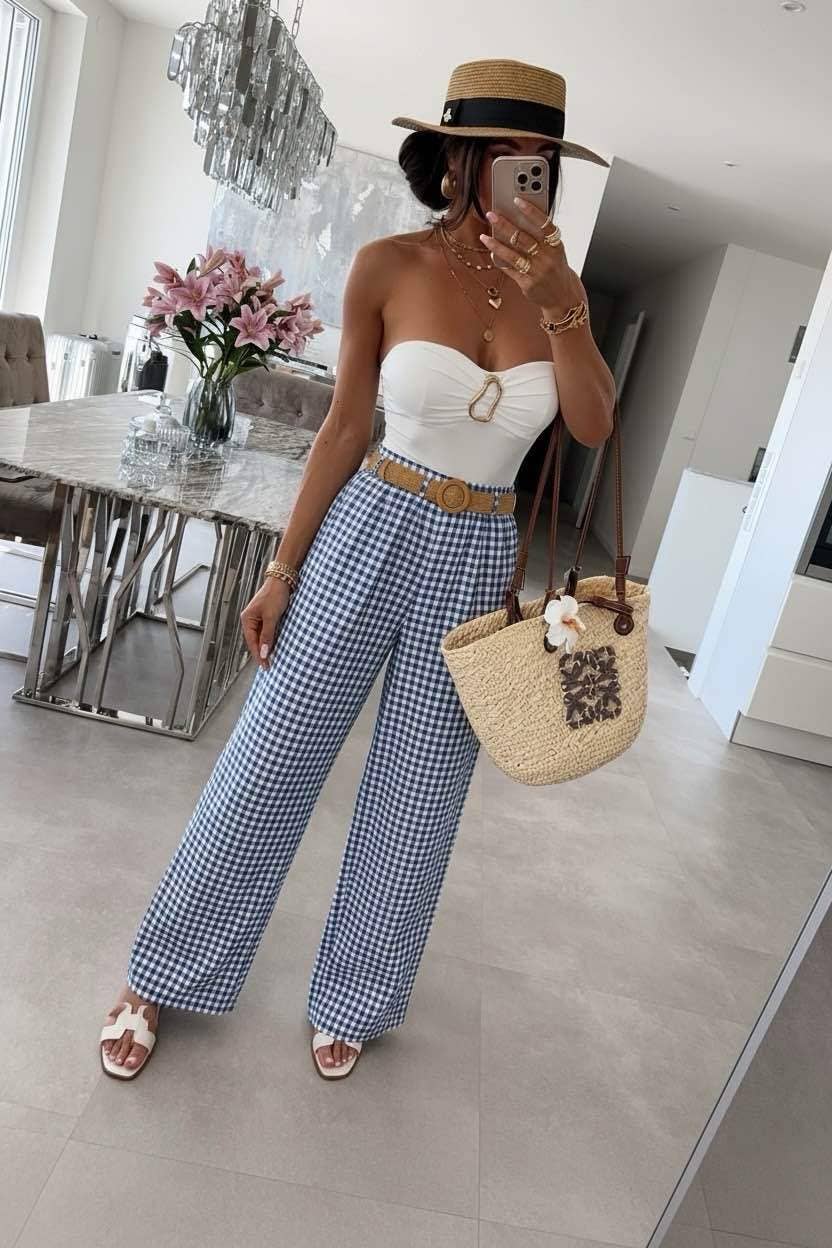 Gingham Pants with Raffia Belt, Elastic Waistband