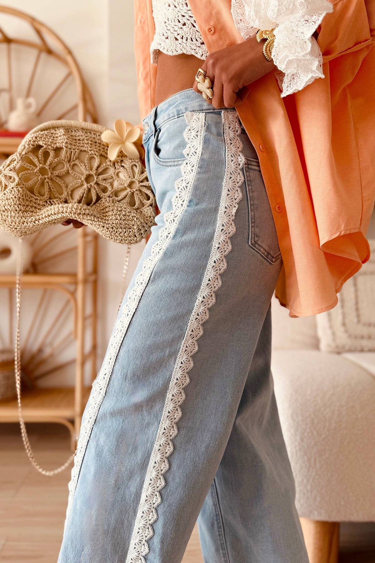 Beau Blue Lace Patchwork Wide-Leg Jeans