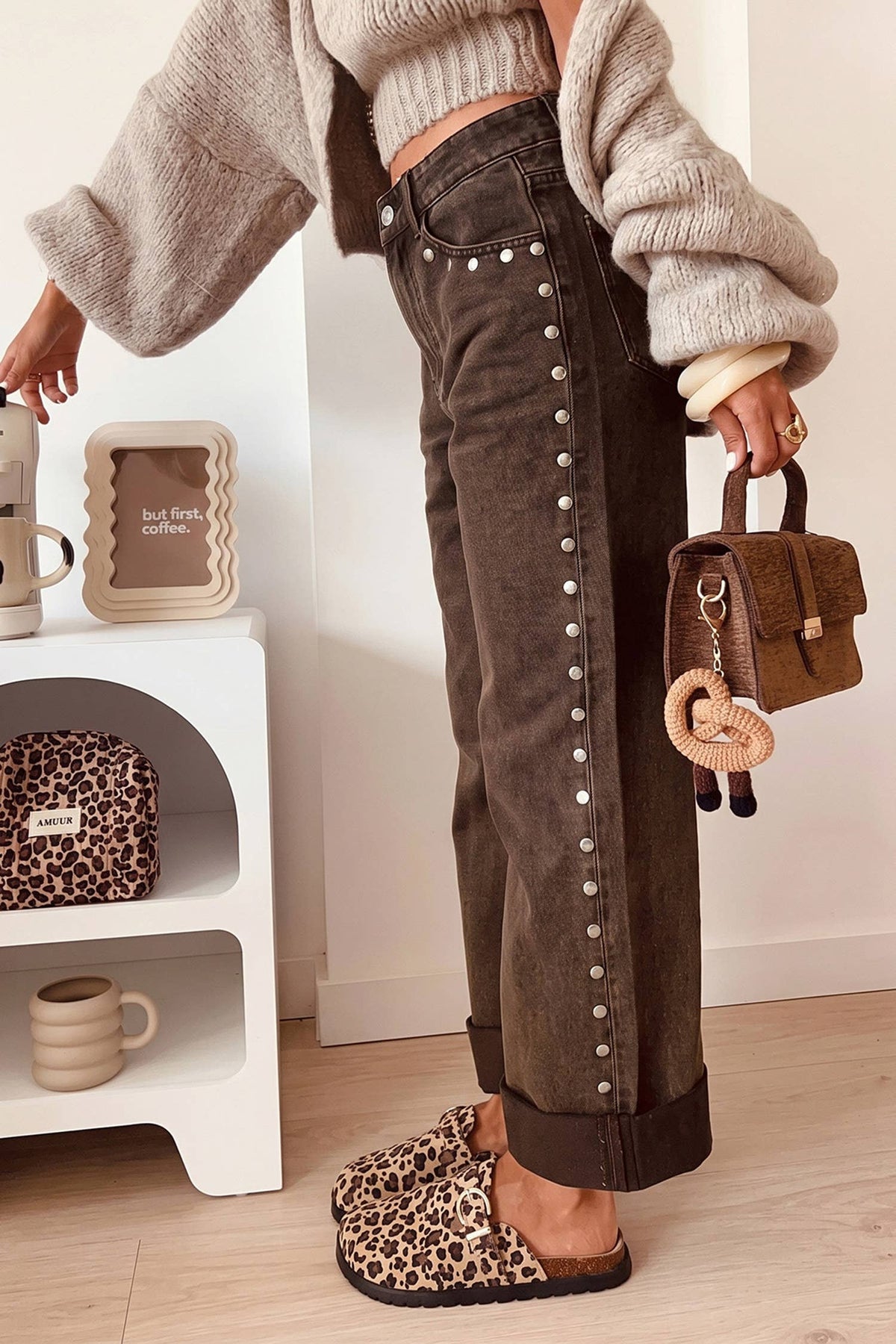 Espresso Edge Studded Wide-Leg Jeans