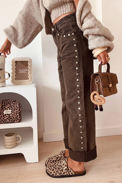 Espresso Edge Studded Wide-Leg Jeans